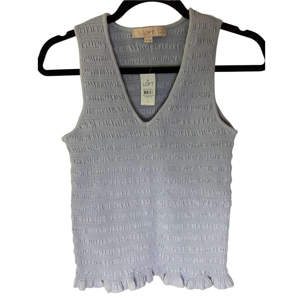 LOFT Petite Blue Smocked Sleeveless Tank Top Ruffle Hem NWT SP